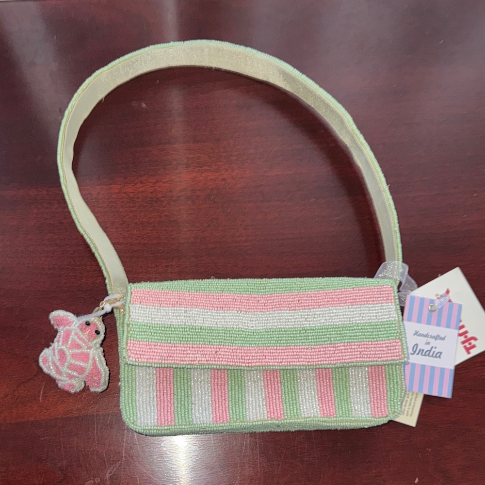 Pink & Green stripes  Beaded Shoulder Bag